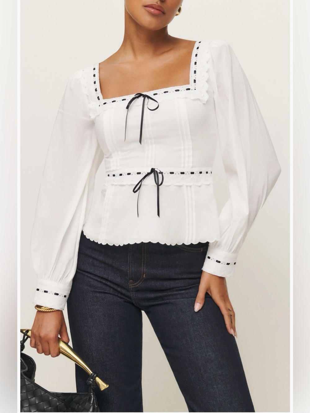 NWOT Reformation Haisley Ribbon Accent Organic Cotton Peplum Top Size 10